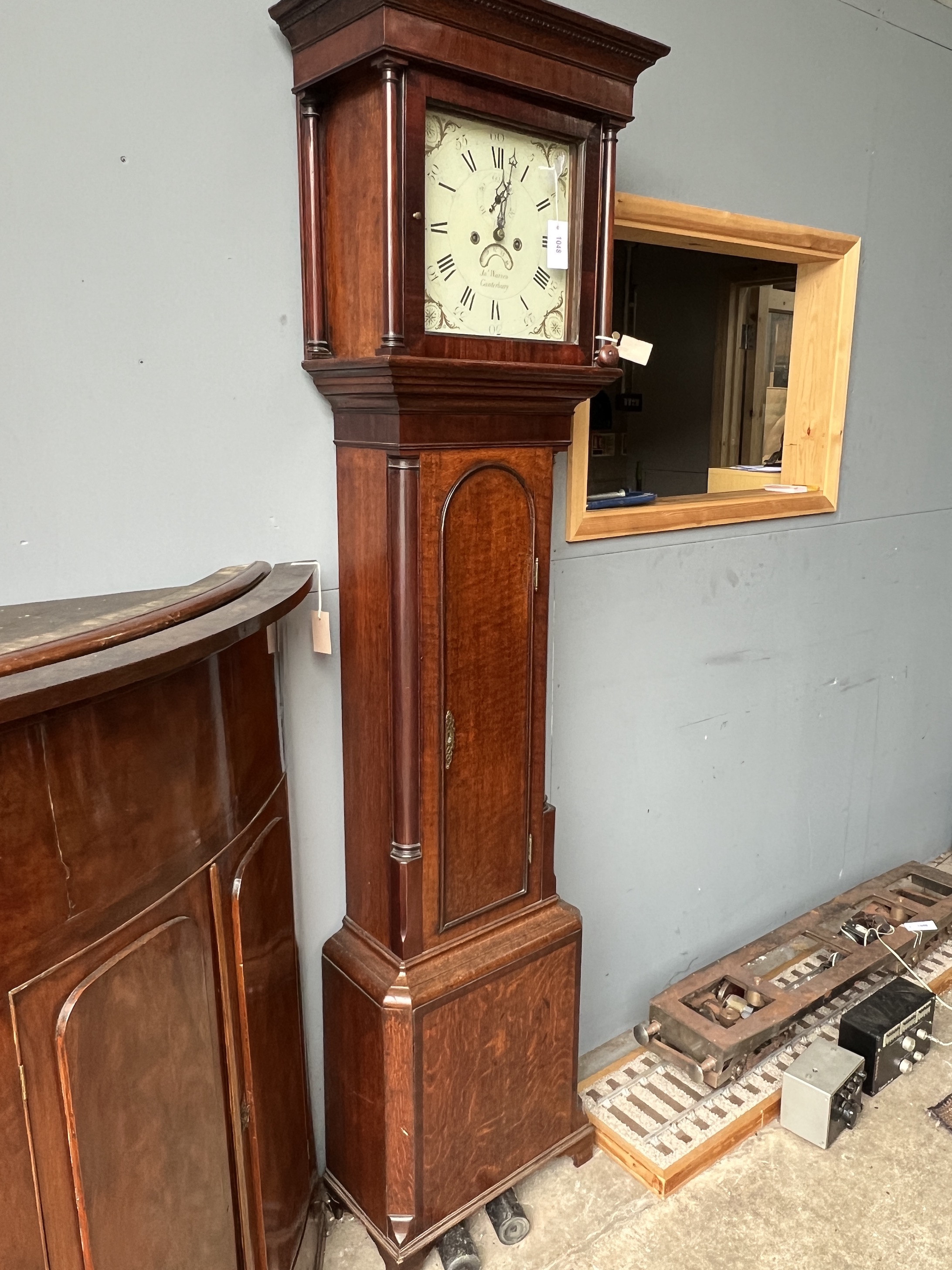 An early 19th century mahogany banded oak eight day longcase clock, marked Warren, Canterbury, height 206cm
